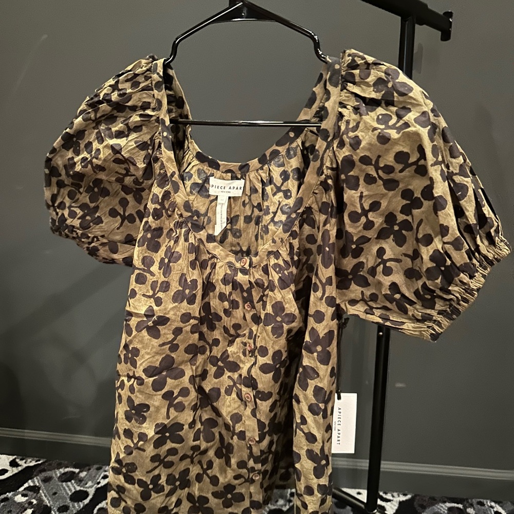 Apiece Apart Brown and Cream Puff Sleeve Blouse